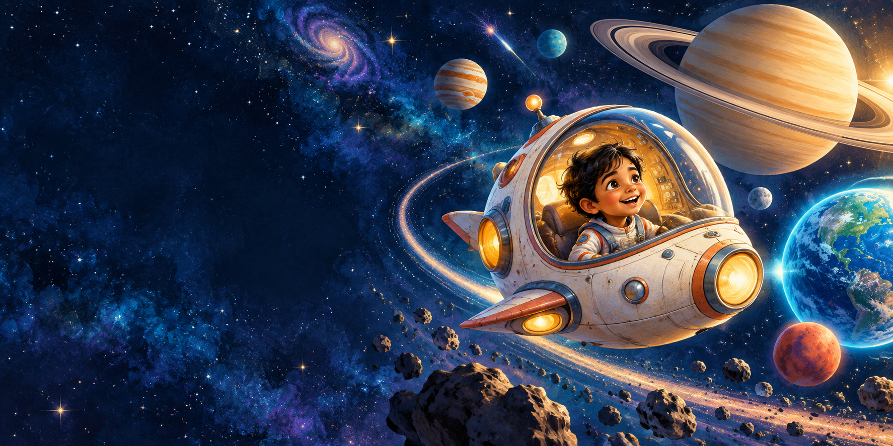 A cheerful young astronaut looking out from a spacecraft toward colorful planets